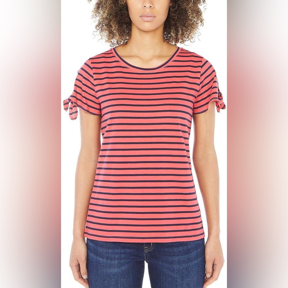 Nautica Tie Sleeve Top Striped Shirt, Red Black - Picture 2 of 7